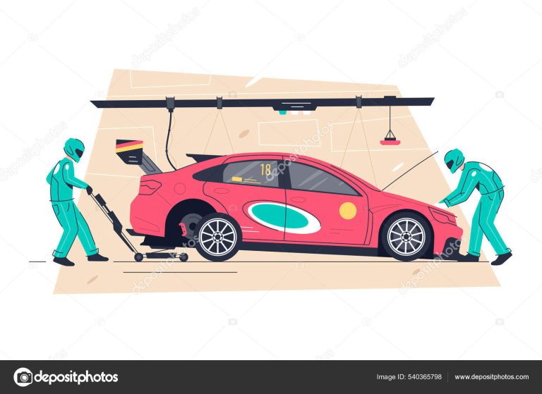 Professional pitstop team service, male character work together vector illustration. Lift car, change tyre, tool flat style. Pitstop concept Professional pitstop team service, male character work together